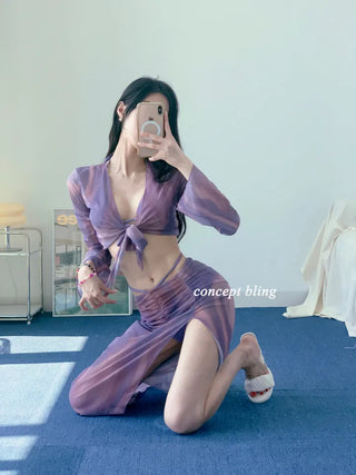 Purple Poppies Long Bikini Cardigan with Skirt Shirring Halter Neck and Purple Gradient Dye Swimsuit