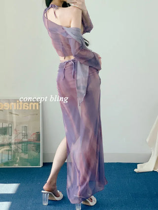 Purple Poppies Long Bikini Cardigan with Skirt Shirring Halter Neck and Purple Gradient Dye Swimsuit