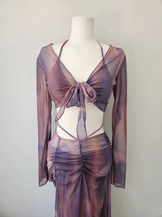 Purple Poppies Long Bikini Cardigan with Skirt Shirring Halter Neck and Purple Gradient Dye Swimsuit