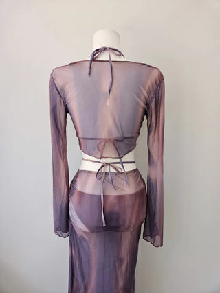 Purple Poppies Long Bikini Cardigan with Skirt Shirring Halter Neck and Purple Gradient Dye Swimsuit