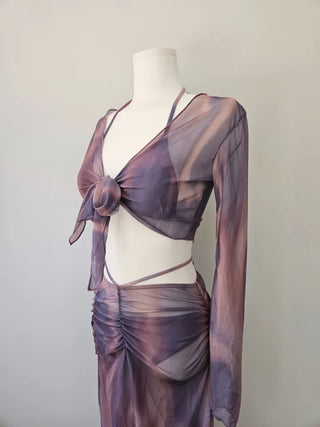 Purple Poppies Long Bikini Cardigan with Skirt Shirring Halter Neck and Purple Gradient Dye Swimsuit