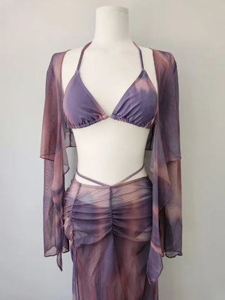 Purple Poppies Long Bikini Cardigan with Skirt Shirring Halter Neck and Purple Gradient Dye Swimsuit
