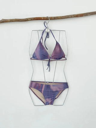 Purple Poppies Long Bikini Cardigan with Skirt Shirring Halter Neck and Purple Gradient Dye Swimsuit