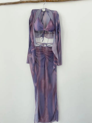 Purple Poppies Long Bikini Cardigan with Skirt Shirring Halter Neck and Purple Gradient Dye Swimsuit