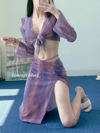Purple Poppies Long Bikini Cardigan with Skirt Shirring Halter Neck and Purple Gradient Dye Swimsuit