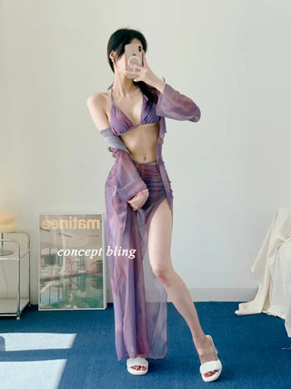Purple Poppies Long Bikini Cardigan with Skirt Shirring Halter Neck and Purple Gradient Dye Swimsuit