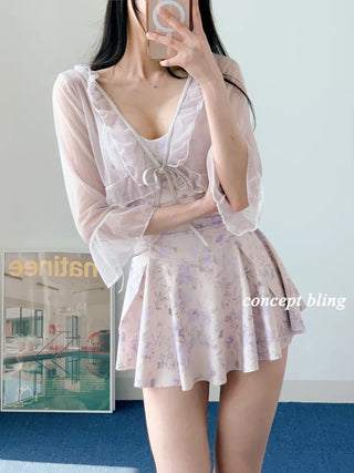 One-piece swimsuit with cardigan and underpants lavender frill halter neck resort look