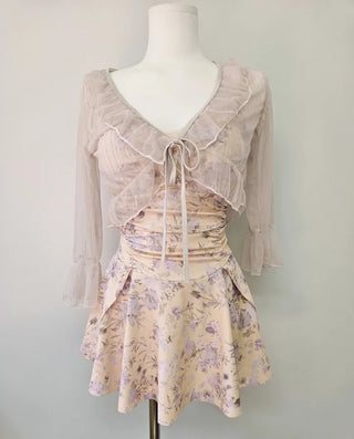 One-piece swimsuit with cardigan and underpants lavender frill halter neck resort look