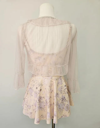 One-piece swimsuit with cardigan and underpants lavender frill halter neck resort look