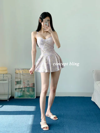 One-piece swimsuit with cardigan and underpants lavender frill halter neck resort look