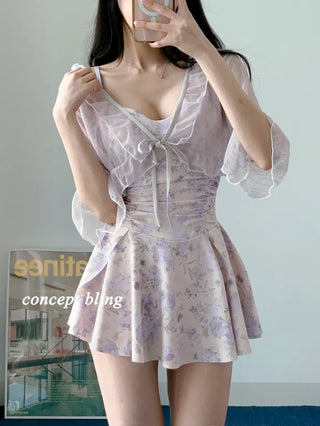 One-piece swimsuit with cardigan and underpants lavender frill halter neck resort look
