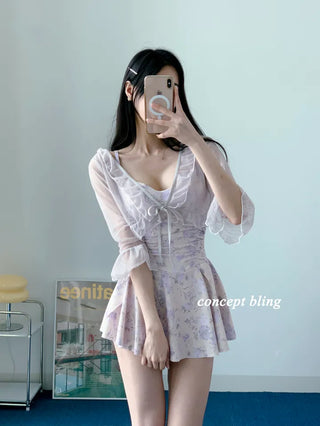 One-piece swimsuit with cardigan and underpants lavender frill halter neck resort look