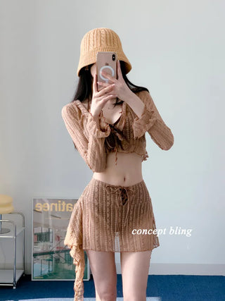 Brown piece bikini three-piece lace frill halter neck tummy tuck swimsuit
