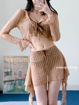 Brown piece bikini three-piece lace frill halter neck tummy tuck swimsuit