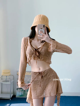 Brown piece bikini three-piece lace frill halter neck tummy tuck swimsuit