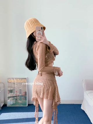 Brown piece bikini three-piece lace frill halter neck tummy tuck swimsuit
