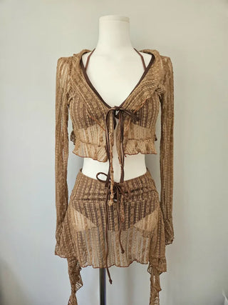 Brown piece bikini three-piece lace frill halter neck tummy tuck swimsuit