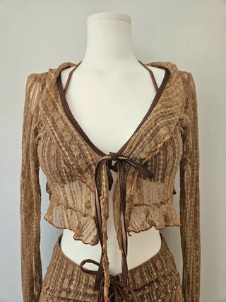 Brown piece bikini three-piece lace frill halter neck tummy tuck swimsuit