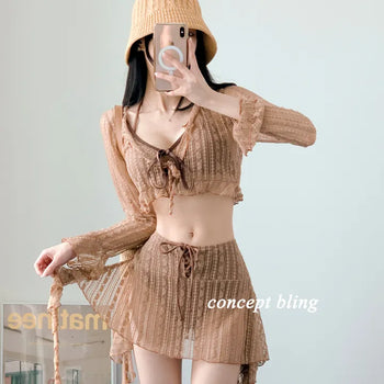 Brown piece bikini three-piece lace frill halter neck tummy tuck swimsuit