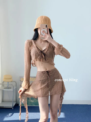 Brown piece bikini three-piece lace frill halter neck tummy tuck swimsuit
