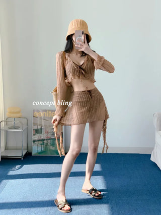 Brown piece bikini three-piece lace frill halter neck tummy tuck swimsuit