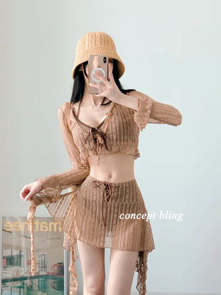 Brown piece bikini three-piece lace frill halter neck tummy tuck swimsuit