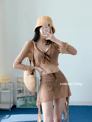 Brown piece bikini three-piece lace frill halter neck tummy tuck swimsuit