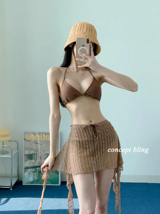 Brown piece bikini three-piece lace frill halter neck tummy tuck swimsuit