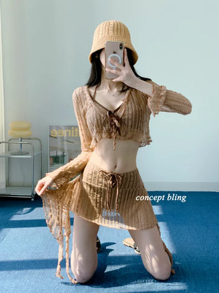 Brown piece bikini three-piece lace frill halter neck tummy tuck swimsuit