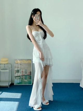 Resort Goddess Long One Piece White Black  Mini Frill Cancan Mesh See-Through Sexy Shirring Nashi Sleeveless One Piece