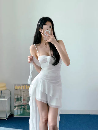 Resort Goddess Long One Piece White Black  Mini Frill Cancan Mesh See-Through Sexy Shirring Nashi Sleeveless One Piece
