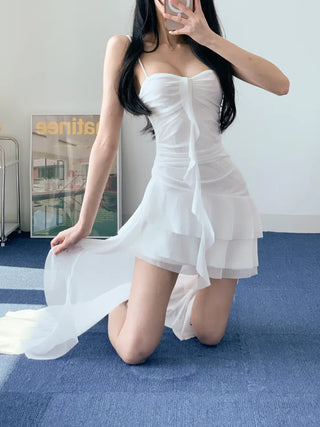 Resort Goddess Long One Piece White Black  Mini Frill Cancan Mesh See-Through Sexy Shirring Nashi Sleeveless One Piece
