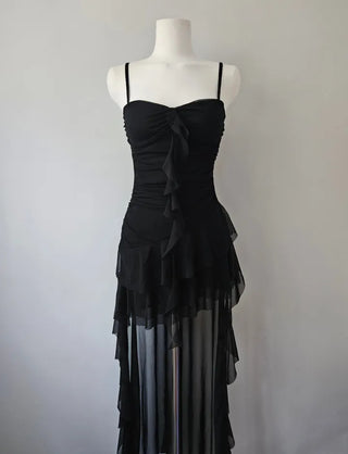 Resort Goddess Long One Piece White Black  Mini Frill Cancan Mesh See-Through Sexy Shirring Nashi Sleeveless One Piece
