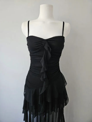 Resort Goddess Long One Piece White Black  Mini Frill Cancan Mesh See-Through Sexy Shirring Nashi Sleeveless One Piece