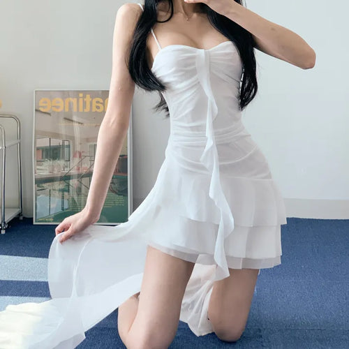 Resort Goddess Long One Piece White Black  Mini Frill Cancan Mesh See-Through Sexy Shirring Nashi Sleeveless One Piece