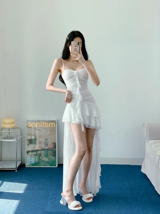 Resort Goddess Long One Piece White Black  Mini Frill Cancan Mesh See-Through Sexy Shirring Nashi Sleeveless One Piece