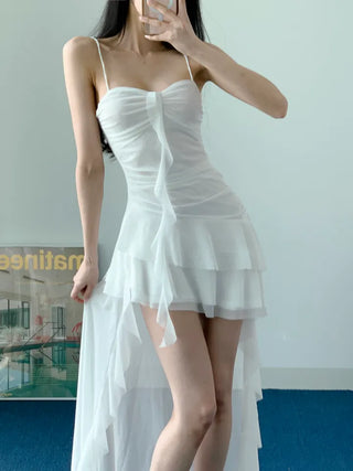 Resort Goddess Long One Piece White Black  Mini Frill Cancan Mesh See-Through Sexy Shirring Nashi Sleeveless One Piece