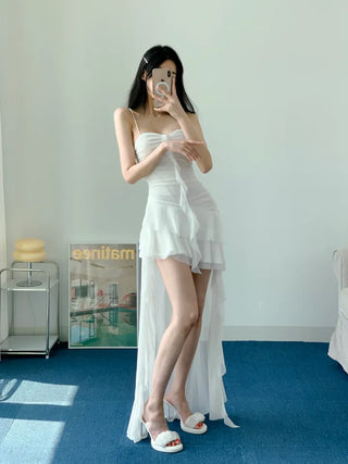 Resort Goddess Long One Piece White Black  Mini Frill Cancan Mesh See-Through Sexy Shirring Nashi Sleeveless One Piece