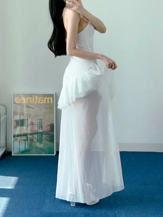 Resort Goddess Long One Piece White Black  Mini Frill Cancan Mesh See-Through Sexy Shirring Nashi Sleeveless One Piece