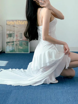 Resort Goddess Long One Piece White Black  Mini Frill Cancan Mesh See-Through Sexy Shirring Nashi Sleeveless One Piece