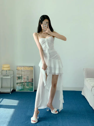 Resort Goddess Long One Piece White Black  Mini Frill Cancan Mesh See-Through Sexy Shirring Nashi Sleeveless One Piece