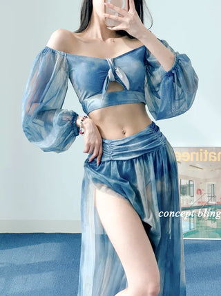 Jasmine Blue Dye Three-Piece Bikini Off-Shoulder Shirring Long Sleeve Cover-Up Long Swimsuit Resort Vacation Staycation Look