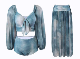 Jasmine Blue Dye Three-Piece Bikini Off-Shoulder Shirring Long Sleeve Cover-Up Long Swimsuit Resort Vacation Staycation Look