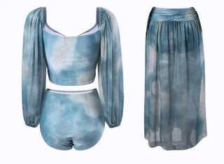 Jasmine Blue Dye Three-Piece Bikini Off-Shoulder Shirring Long Sleeve Cover-Up Long Swimsuit Resort Vacation Staycation Look