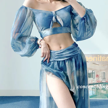 Jasmine Blue Dye Three-Piece Bikini Off-Shoulder Shirring Long Sleeve Cover-Up Long Swimsuit Resort Vacation Staycation Look