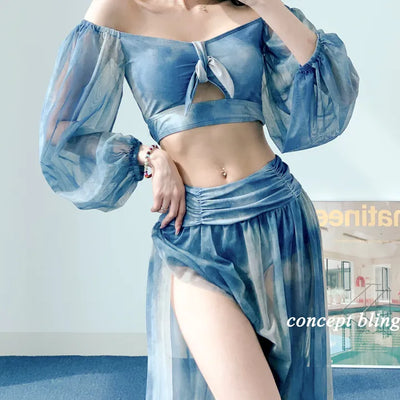 Jasmine Blue Dye Three-Piece Bikini Off-Shoulder Shirring Long Sleeve Cover-Up Long Swimsuit Resort Vacation Staycation Look