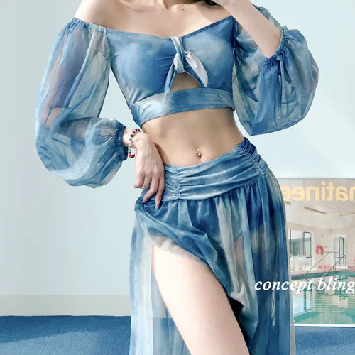 Jasmine Blue Dye Three-Piece Bikini Off-Shoulder Shirring Long Sleeve Cover-Up Long Swimsuit Resort Vacation Staycation Look