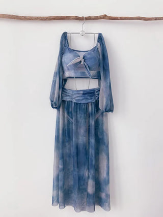 Jasmine Blue Dye Three-Piece Bikini Off-Shoulder Shirring Long Sleeve Cover-Up Long Swimsuit Resort Vacation Staycation Look