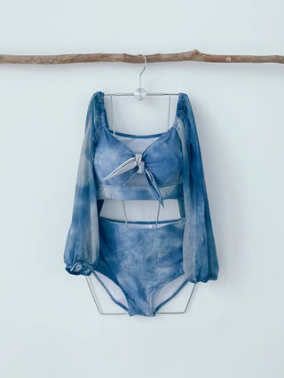Jasmine Blue Dye Three-Piece Bikini Off-Shoulder Shirring Long Sleeve Cover-Up Long Swimsuit Resort Vacation Staycation Look