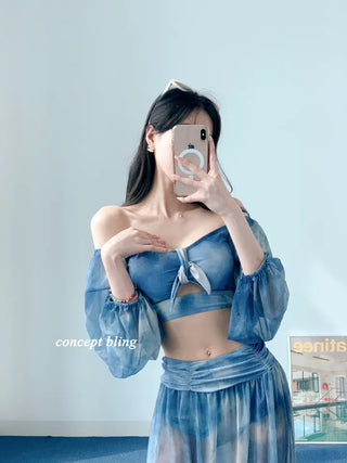 Jasmine Blue Dye Three-Piece Bikini Off-Shoulder Shirring Long Sleeve Cover-Up Long Swimsuit Resort Vacation Staycation Look